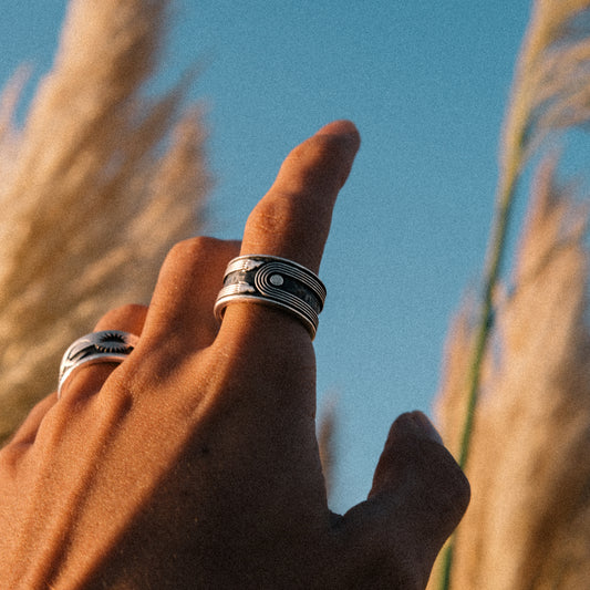 Solaque Crescent Hold handmade sterling silver ring jewellery on hand pointing up