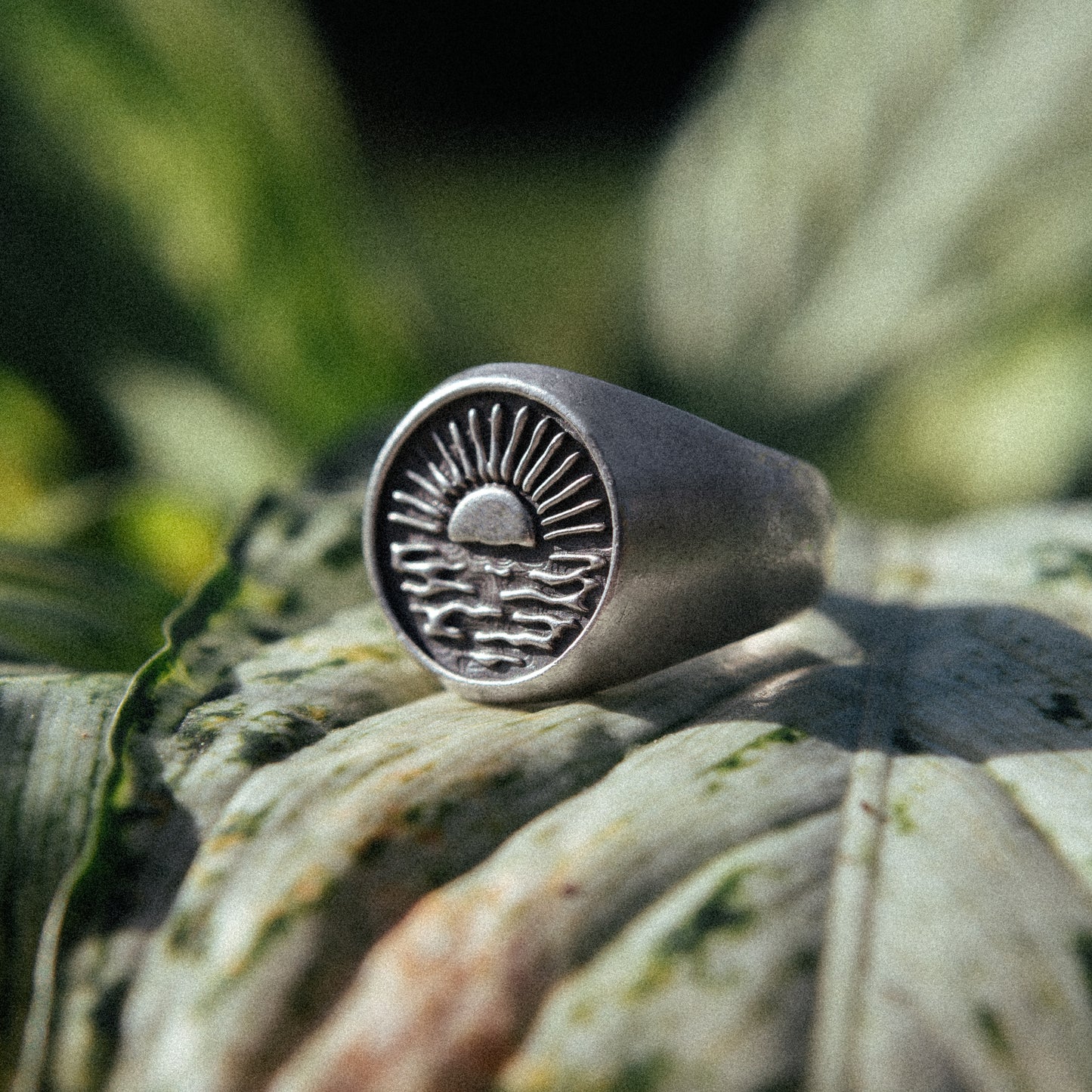 Solaque Echoes of Dusk handmade sterling silver ring jewellery on leaf