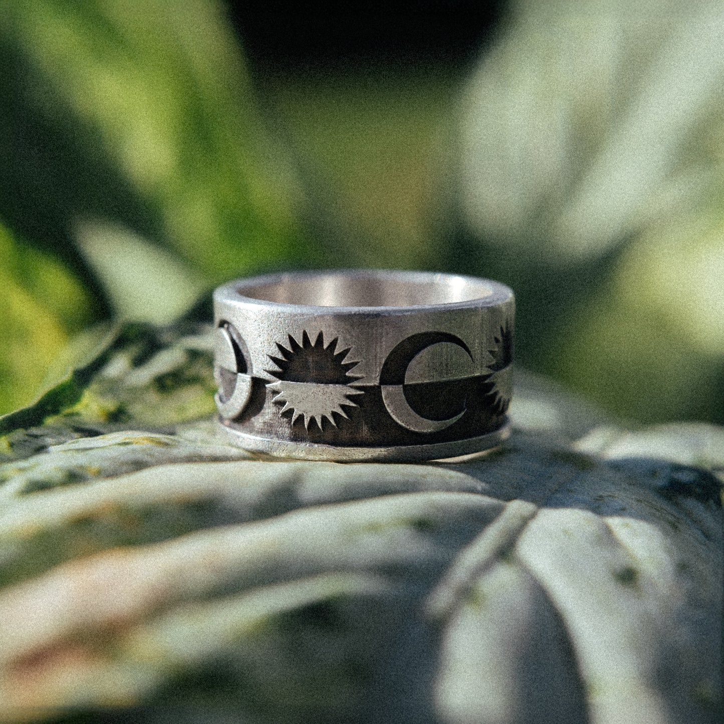 Solaque Solar Mirage handmade sterling silver ring jewellery on leaf