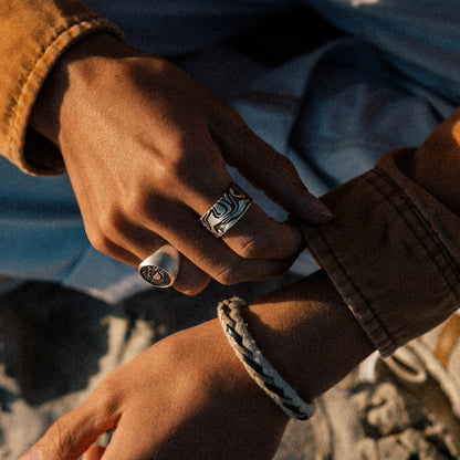 Solaque Tidal Motion handmade sterling silver ring jewellery wearing on hand