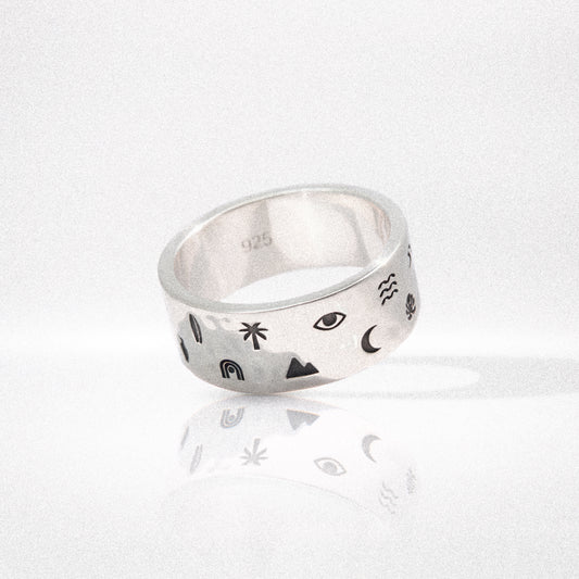 Solaque Wanderer's Script handmade sterling silver ring jewellery on white background